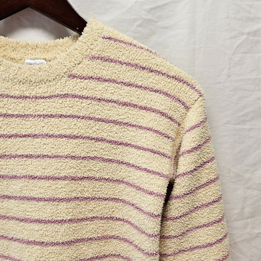 Hanna Andersson Sweater Girls Size 10 Cream Pink Striped Fuzzy Boucle Pullover